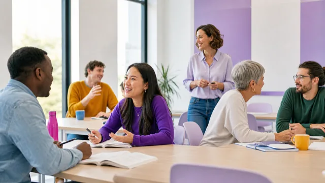 Un aula luminosa de academia de idiomas con alumnos practicando por parejas